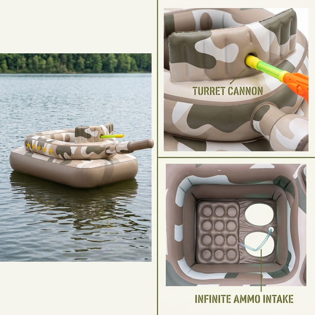 War Floaty features collage — turret cannon and infinite ammo intake